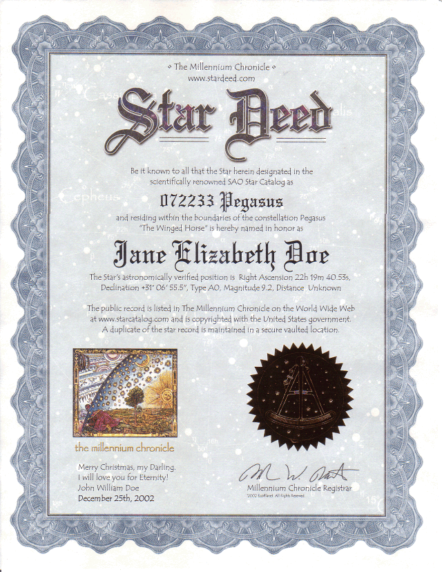 Star Deed Name A Star Services - The original online name a star service.